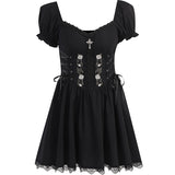 Huidianyin Cross Print Strap Shoulder Lace Spliced Dress Dark Sexy Slim Princess Dress