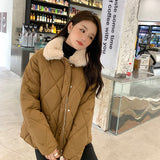 Sense Splicing Lamb Wool Collar Light Diamond Cotton Clothes Female Autumn And Winter New Korean Version Of Chic Casual Warm Cotton-Padded Jacket