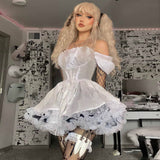 Huidianyin Shoulder Lace Spliced Dress Dark Style Waist Shows A Thin And Fluffy Short Skirt Woman