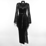 Huidianyin Autumn Style New Style Slim Velvet Dress With Dark Goth Horn Sleeves Tied With Forks