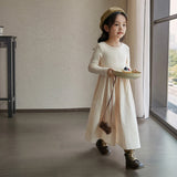 Huidianyin Autumn Kids Girls Beige Grey Simple Casual Patchwork Princess Elegant Long Sleeve Dresses Korean Style