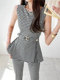 Huidianyin 2 Piece Elegant Women Plaid Set New Fashion Vintage Office Business Casual Slim Ruffles Top with Belt + Pencil Pants