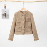 Huidianyin Women Camel Tweed Jacket 2024 Autumn Long Sleeve Button Frayed Cropped Jacket Female Fashion O-neck Pocket Short Coats