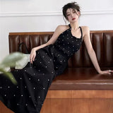 Huidianyin Polka Dot Midi Dress Women Summer Sexy Halter Neck Sleeveless Lace Up A Line Dress Feminino Long Beach Vestido Robe