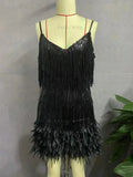 Huidianyin Tassel Sequins Dress Women Elegant Feather Spaghetti Straps Mini Dresses Summer Sexy Party Club Evening Dresses Vestidos