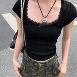 Huidianyin Lace Patchwork Crop T-shirt Women Vintage Streetwear Sexy Slim U Neck Tops Female Harajuku Korean Bow Chic Bottoming Tees