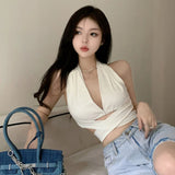 Huidianyin Sexy Crop Top Halter Backless Top Slim Fit Solid Camisole Clothes for Women Fashion Sleeveless T Shirt