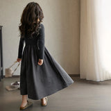 Huidianyin Autumn Kids Girls Beige Grey Simple Casual Patchwork Princess Elegant Long Sleeve Dresses Korean Style