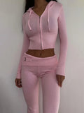 Huidianyin Women Spring Outfits Casual Zipper Sweater Hoodie Set High Waist Flare Pants Suits Pink Knitted Womens Y2k Two Piece Set