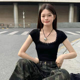 Huidianyin Lace Patchwork Crop T-shirt Women Vintage Streetwear Sexy Slim U Neck Tops Female Harajuku Korean Bow Chic Bottoming Tees