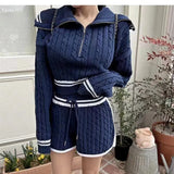 Huidianyin Women Twist Knit 2 Piece Set Korean Fashion Zipper Loose Long Sleeve Tops Casual All Match Female High Waist Shorts Sets