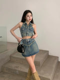 Huidianyin Designer Sexy Two Piece Set Women Pockets Korean Fashion Mini Skirt Suit Female Sleeveless Tops + Vintage Skirt 2024 New