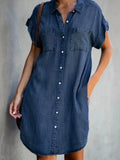 Huidianyin Women's Denim Shirt Dress Short Sleeve Button Pockets Distressed Jean Dress 2024 Spring Summer Loose Dresses Female 5XL