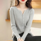 Huidianyin Women Spring Knitted Cardigan Round Neck Wool Warm Coat Fashion Simple Versatile Solid Color Sweater Simple Top