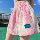 Huidianyin High Waist Women Sports Shorts Summer Korean Tie Dye Loose Wide Leg Pants Casual Female Streetwear Fluorescent Pink Shorts