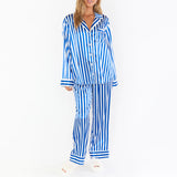 Huidianyin Christmas Women Striped Pajamas Set Long Sleeve Satin Shirt Top Elastic Wide Loose Pants 2 Piece Lounge Sleepwear