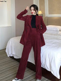 Huidianyin Corduroy Burgundy Blazer Suits Women's Long Sleeve Jacket Wide Leg Pants 2 Piece Set Mini Skirt Outfits Autumn Clothes