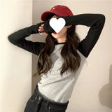 Huidianyin Sleeve T-shirts Women Patchwork Slim Fit Causal Elegant College Harajuku Basic Autumn All-match Tops Ropa Mujer Clothing