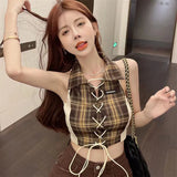 Huidianyin Plaid Camis Women Summer Sexy Slim Irregular Casual Halter Neck Tops Fashion Female Korean Chic Lace Up Lapel Crop Tank