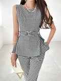 Huidianyin 2 Piece Elegant Women Plaid Set New Fashion Vintage Office Business Casual Slim Ruffles Top with Belt + Pencil Pants