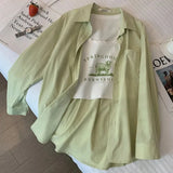 Huidianyin Thin Green Shirt Women Fashion Korean Loose Lapel Button Top Female Solid Basic Long Sleeve All Match Shirt New