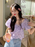 Huidianyin Sweet Kawaii Blouse Summer France Chic Cute Blouse Female Holiday Korean Style Puff Sleeve Fashion Tops Casual 2024 New