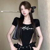 Huidianyin Bodysuit Letter Graphic Printed Short Sleeve summer T Shirt grunge aesthetic y2k high street