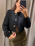 Huidianyin Short Bomber Jacket Women 2024 Autumn Winter Casual Frayed Single-breasted Solid Short Coats Elegant Office Lady Jackets