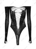 Huidianyin See Through Sparkly Mesh Bodysuit Women Long Sleeve Rhinestone Body Tops Hot Drill Female Party Nightclub Sexy Lingerie