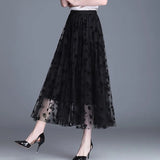 Huidianyin Women Mesh Skirt Fashion Hook Flower Loose Midi Skirt Elegant Female Casual All Match Skirts Summer New