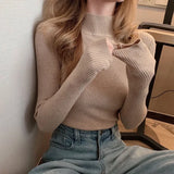 Huidianyin Long Sleeve Women's Sweaters Thin Turtleneck Stretch Matte Blue Knitted Pullover Sweater Tops Free Size