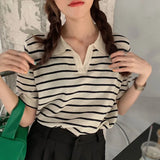 Huidianyin Women's Knitted Short Sleeve Top T-shirt Loose French Stripe Shirt