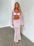 Huidianyin Women's Crochet Knit 2 Piece Skirt Set Hollow Out Crop Top Long Sleeve Backless Tie Up Club Bodycon Dress Outfits