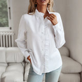 Huidianyin Ruffles Women Shirt Stand Collar Long Sleeve Elegant Office Blouse White Top Spring Summer Causal Solid Simple Shirts