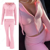 Huidianyin Women Spring Outfits Casual Zipper Sweater Hoodie Set High Waist Flare Pants Suits Pink Knitted Womens Y2k Two Piece Set