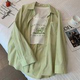 Huidianyin Thin Green Shirt Women Fashion Korean Loose Lapel Button Top Female Solid Basic Long Sleeve All Match Shirt New