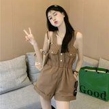 Huidianyin Denim Overalls Shorts Women Fashion Pocket Suspender Denim Jumpsuit Female High Waist Crimping Cargo Wide Leg Shorts