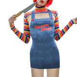 Huidianyin Women's 2 Pcs Halloween Costumes Scary Nightmare Killer Doll Wanna Play Movie Character Dress Chucky Doll Costume Sets