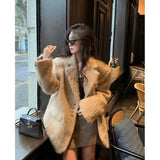 Huidianyin Lapel Woolen Plush Coats Women Elegant Long Sleeve Button Office Lady Blazer Jacket 2024 Winter Fashion Packet Loose Coat