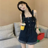 Huidianyin Denim Overalls Shorts Women Fashion Pocket Suspender Denim Jumpsuit Female High Waist Crimping Cargo Wide Leg Shorts