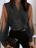 Huidianyin For Women Fashion Lace Mesh Long Sleeve V-neck Shirt Spring Casual Office Tops Elegant Black Women's Clothing 2024