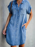 Huidianyin Women's Denim Shirt Dress Short Sleeve Button Pockets Distressed Jean Dress 2024 Spring Summer Loose Dresses Female 5XL