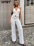 Huidianyin White Vest Top Pants 2 Piece Set 2024 Women Halter Backless Single Breasted Tank Tops Wide Leg Pant Office Lady Outfit