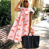 Huidianyin Boho Floral Print Oversize A-line Dress For Women Summer Casual O-neck Ruffles Sleeve Holiday Beach Midi Dresses