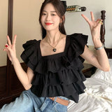 Huidianyin Sleeve Blouses Women Ruffles Sweet Summer Crop Tops Fashion Elegant Square Collar Female Holiday Korean Style All-match