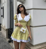 Huidianyin Women's Clothing 2024 Summer Doll Collar Floral Short Sleeve Dress Slim Fit Waist Tutu Skirt Lace Club Party Dress Vestidos