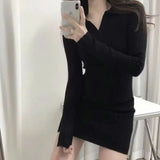 Huidianyin Mini Dress Long-sleeves Solid Simple Knitting Hotsweet Girls All-match Basic Streetwear Vintage Bodycon Slim Trendy Cozy