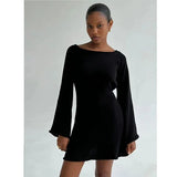 Huidianyin knitted backless sexy dress autumn and winter 2024 bell-sleeved tight holiday skirt basic style simple sexy fashion