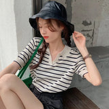 Huidianyin Women's Knitted Short Sleeve Top T-shirt Loose French Stripe Shirt