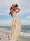 Huidianyin Sexy Backless Beach Dress For Women V Neck Splice Folds Long Dresses Womens Party Elegant Bandage Maxi Sundress Female